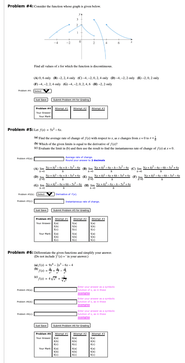  Problem #4: Consider the function whose graph is given below. Find