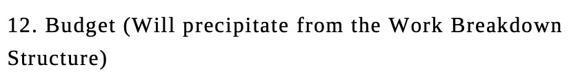 12. Budget (Will precipitate from the Work Breakdown Structure)