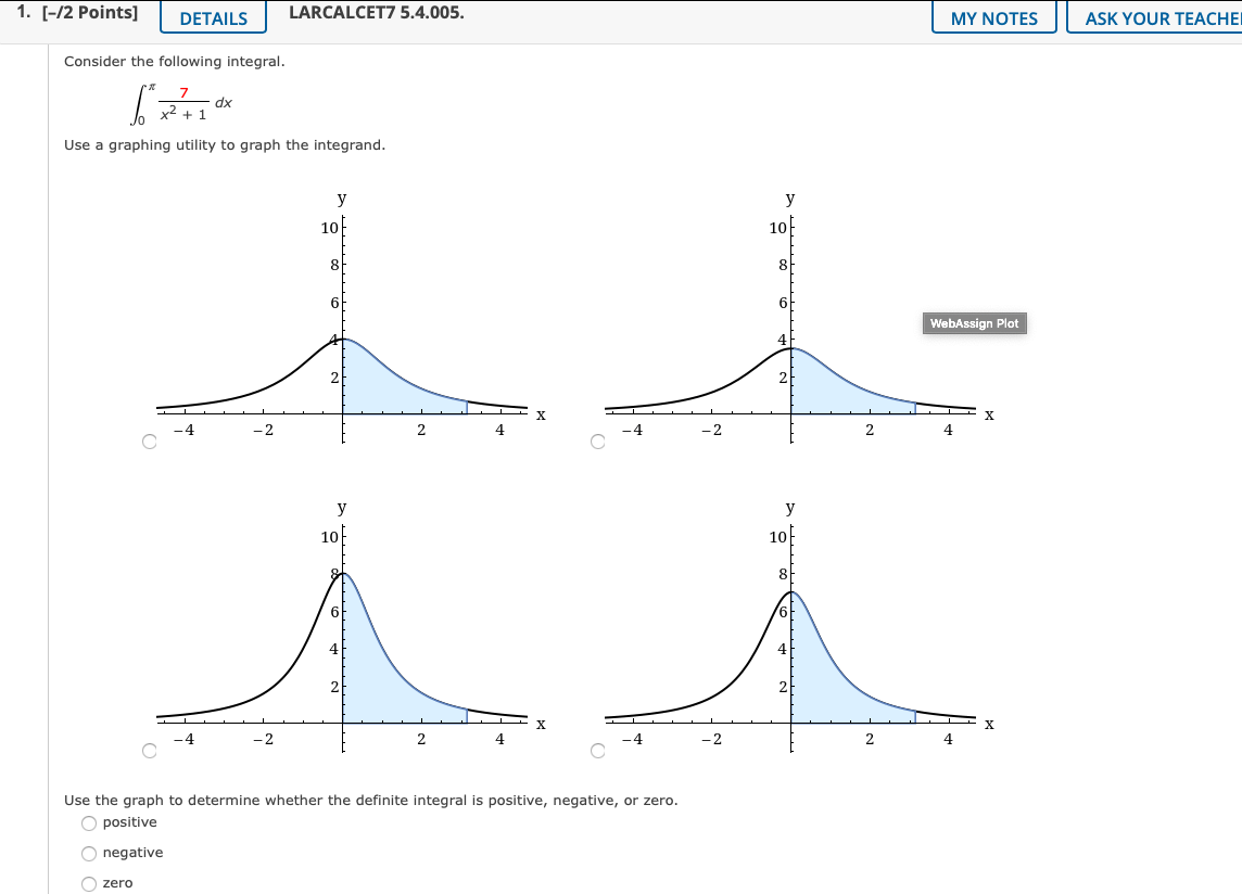 the definite integral is positive, negative, or zero. O positive negative zero2.