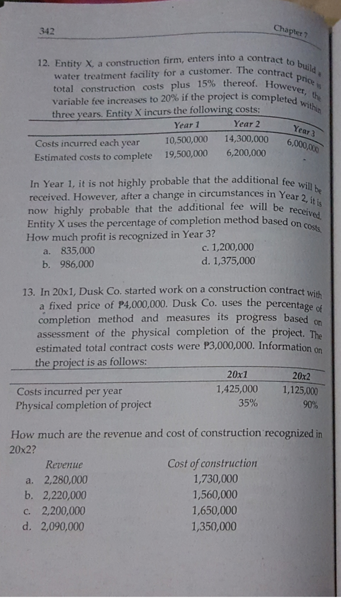 Help me please 342 Chapter 7 12. Entity X, a construction