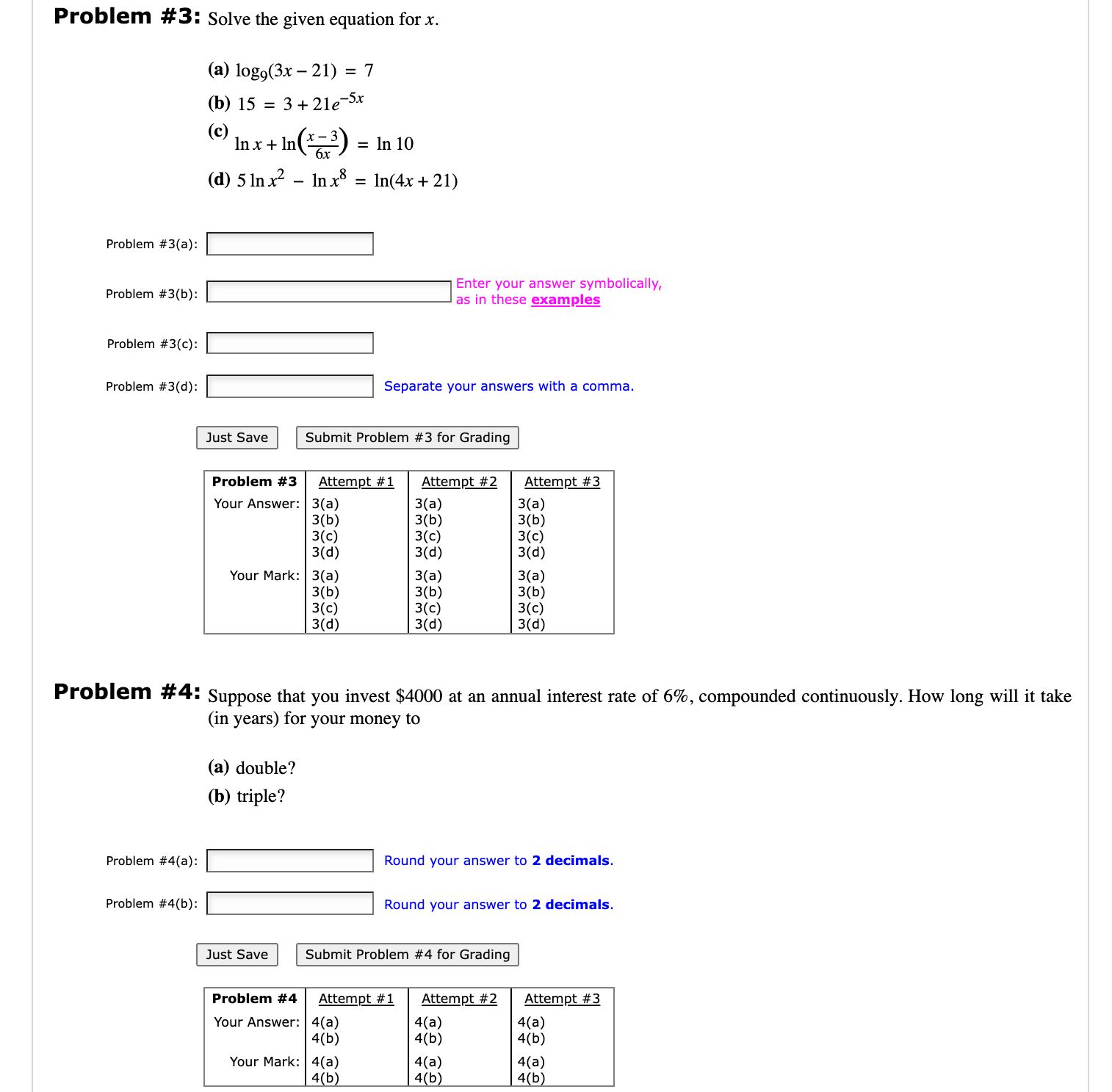 = 111(4x+21) Problem #3(a): |:| Enter your answer symbolically, Pmblem #303): l:l