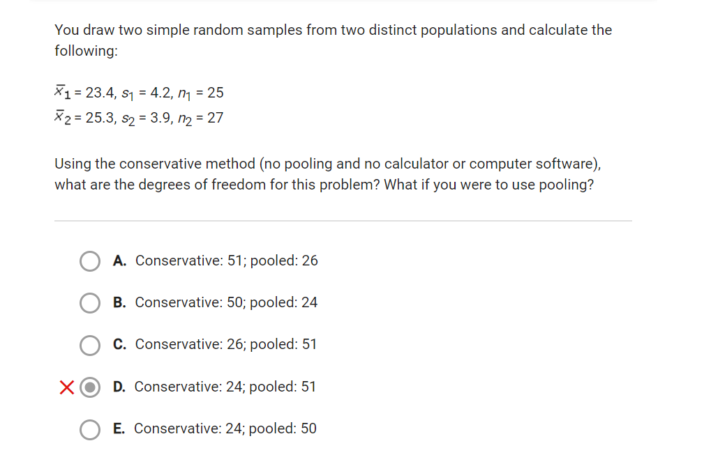 use pooling? O A. Conservative: 51;pooled:26 O B. Conservative: 50; pooled: 24