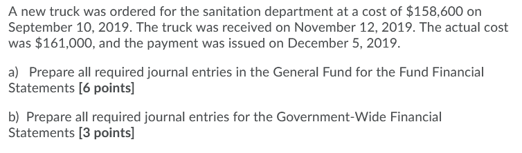 was ordered for the sanitation department at a cost of $158,600 on