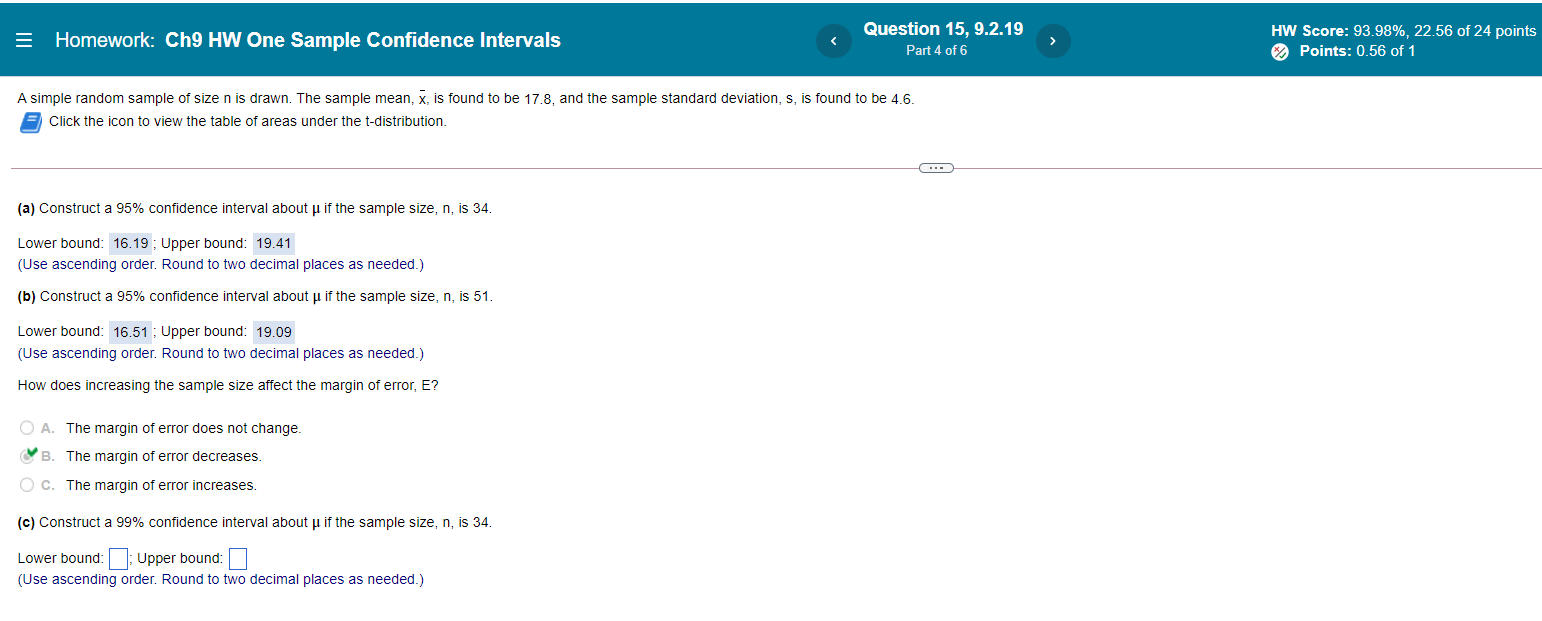  E Homework: Chg HW one Sample Confidence Intervals ( Question 15,