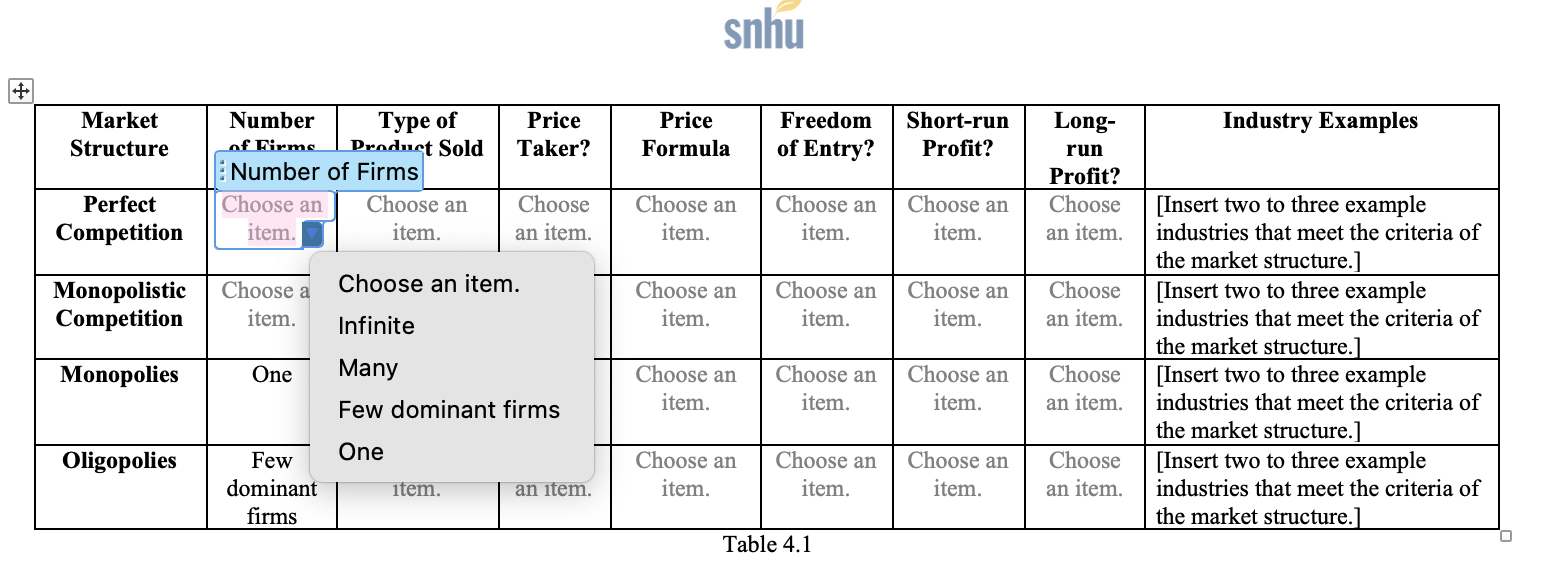 criteria of the market structure. Monopolies Many Choose an Choose an Choose
