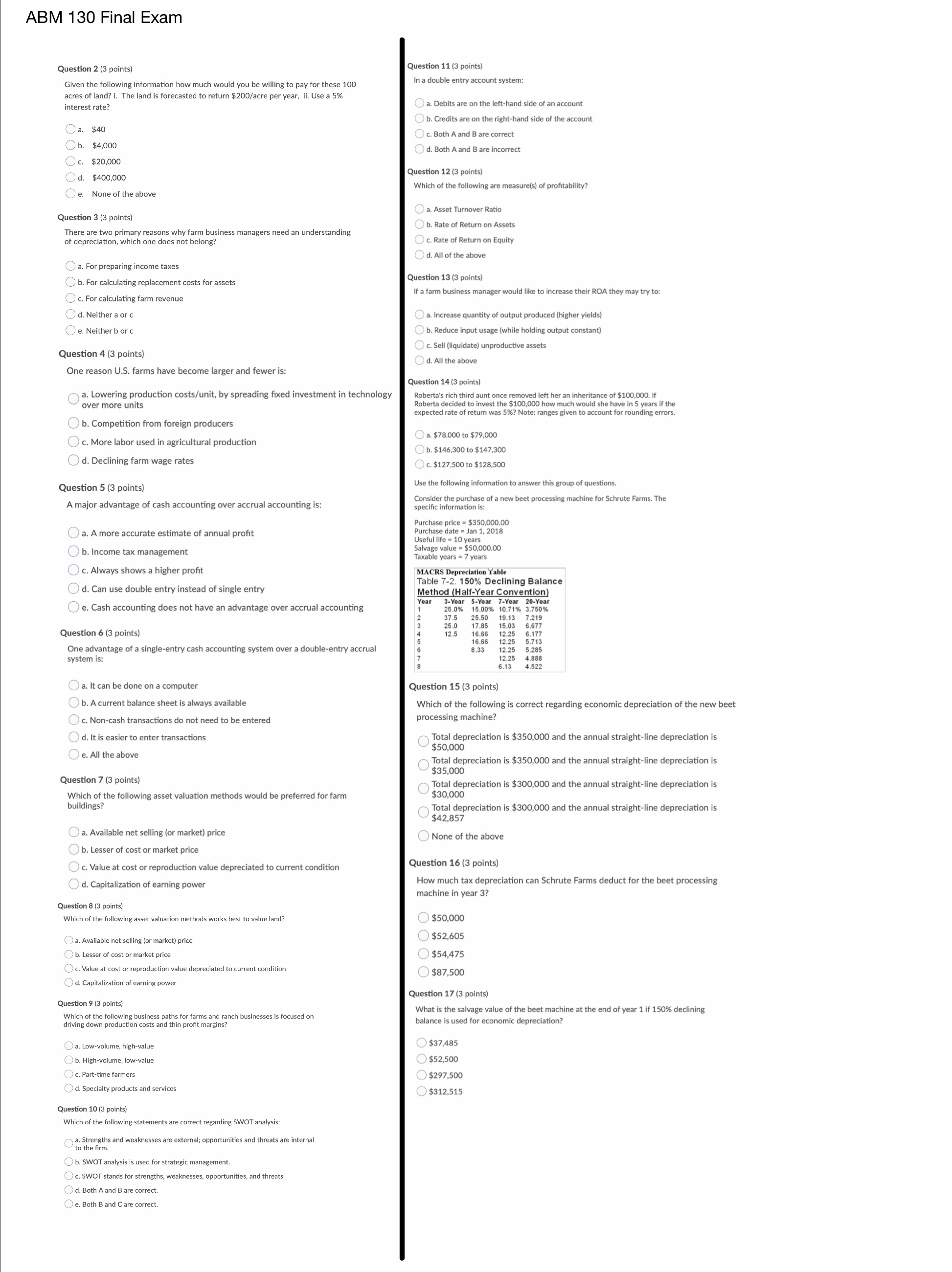 ABM 130 Final Exam Question 2 (3 points) Question 11 (3