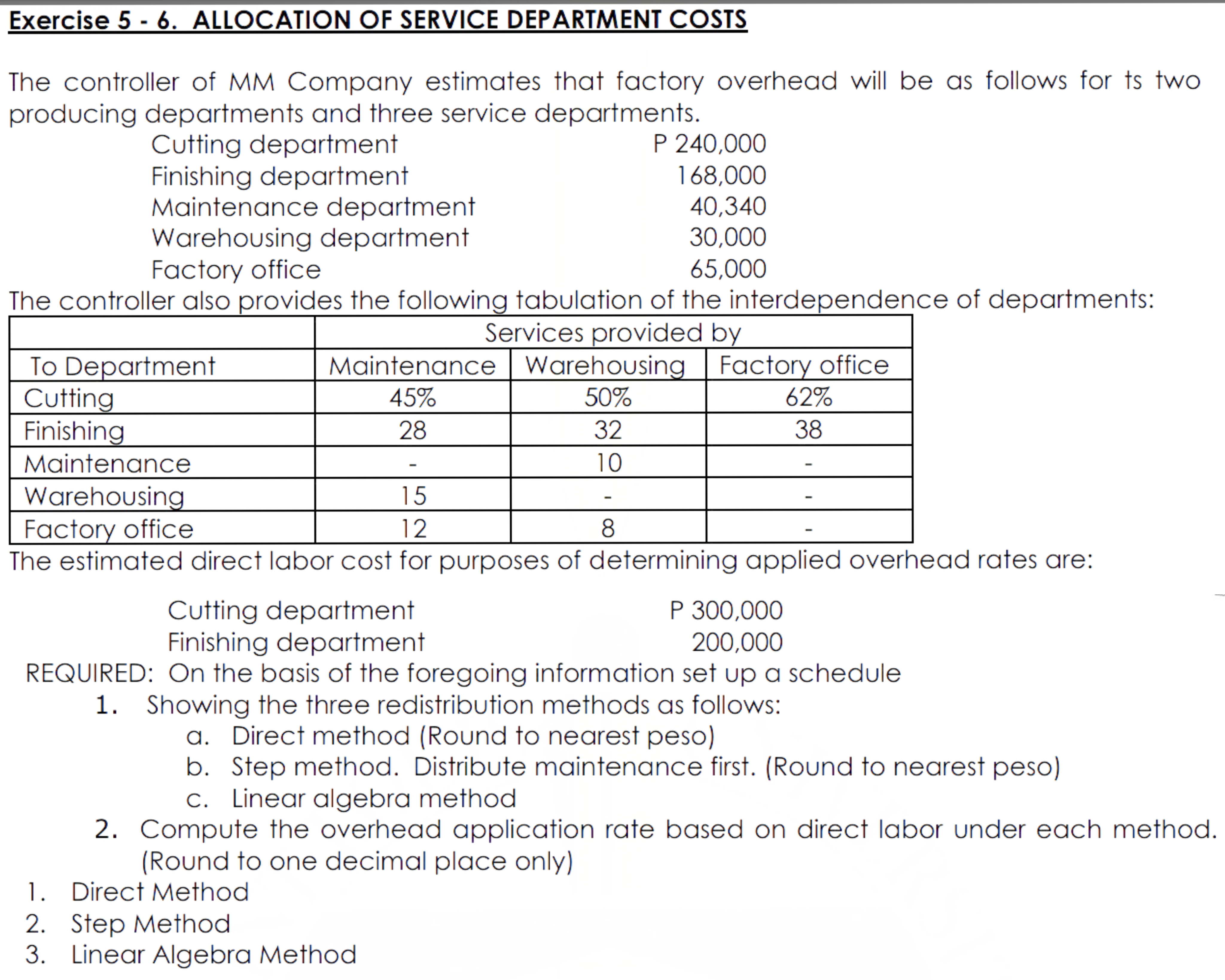 6. ALLOCATION OF SERVICE DEPARTMENT COSTS The controller of MM Company estimates