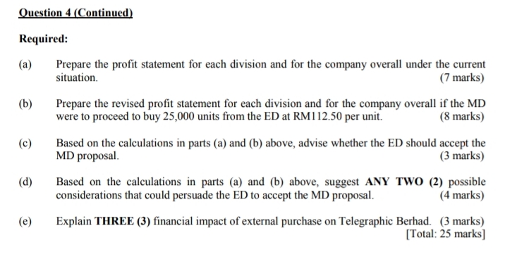  Question 4 (Continued) Required: (a) Prepare the profit statement for each