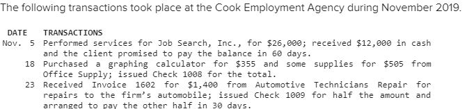 The following transactions took place at the Cook Employment Agency during November