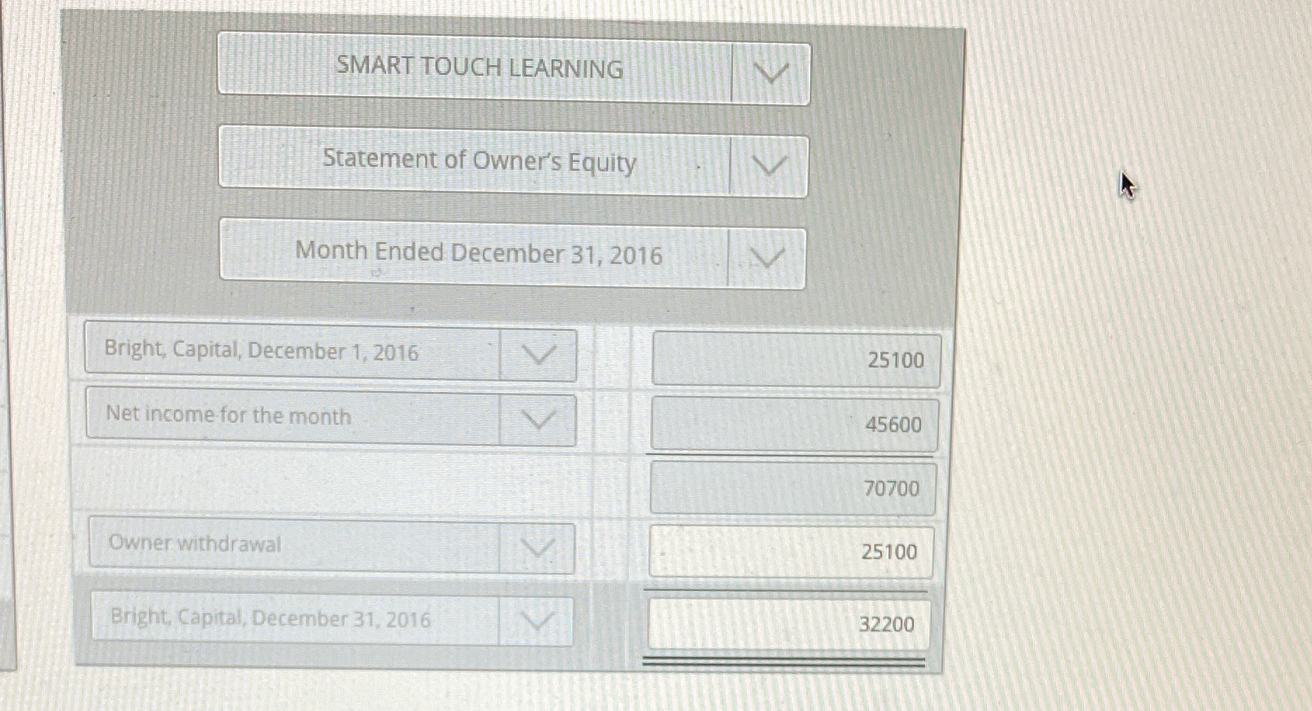 owner withdrawals and bright capital for December 31,2016? Side note- I have