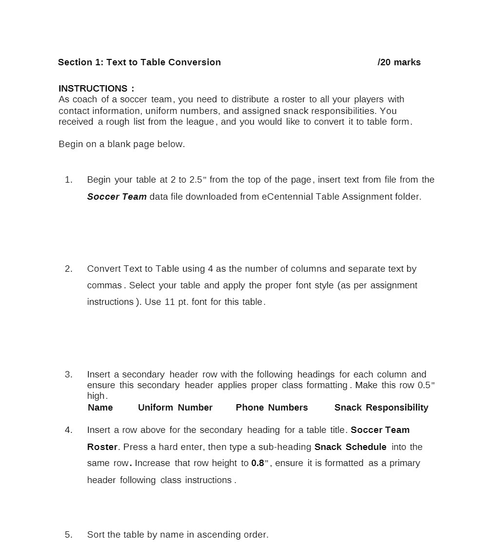  Section 1: Text to Table Conversion I20 marks INSTRUCTIONS : As