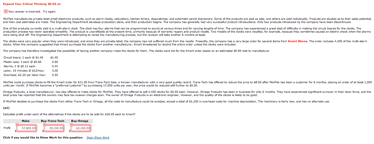 attempt. Thanks Expand Your Critical Thinking 20-02 a1 Your answer is incorrect.