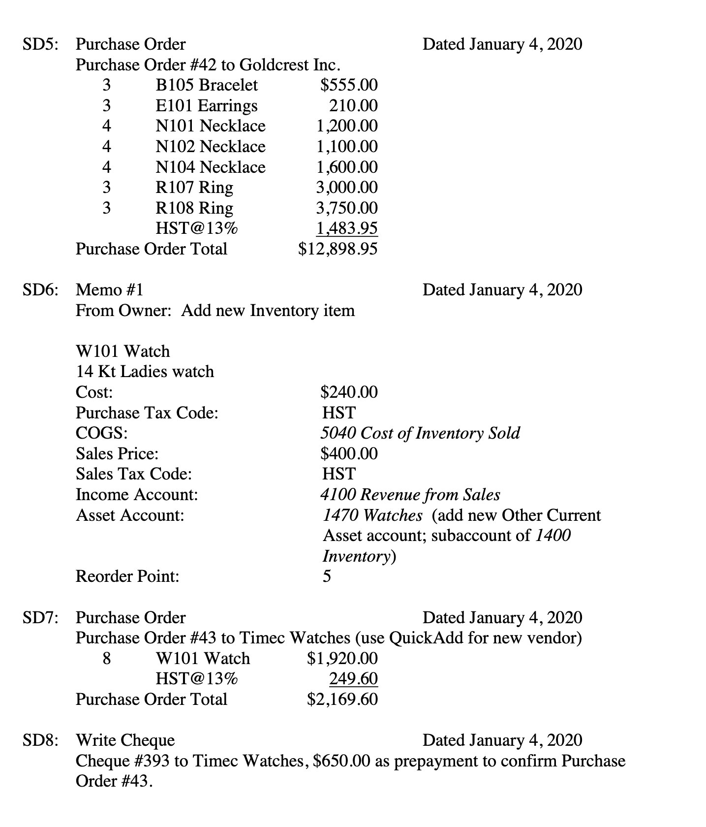 SD5: Purchase Order Dated January 4, 2020 Purchase Order #42 to