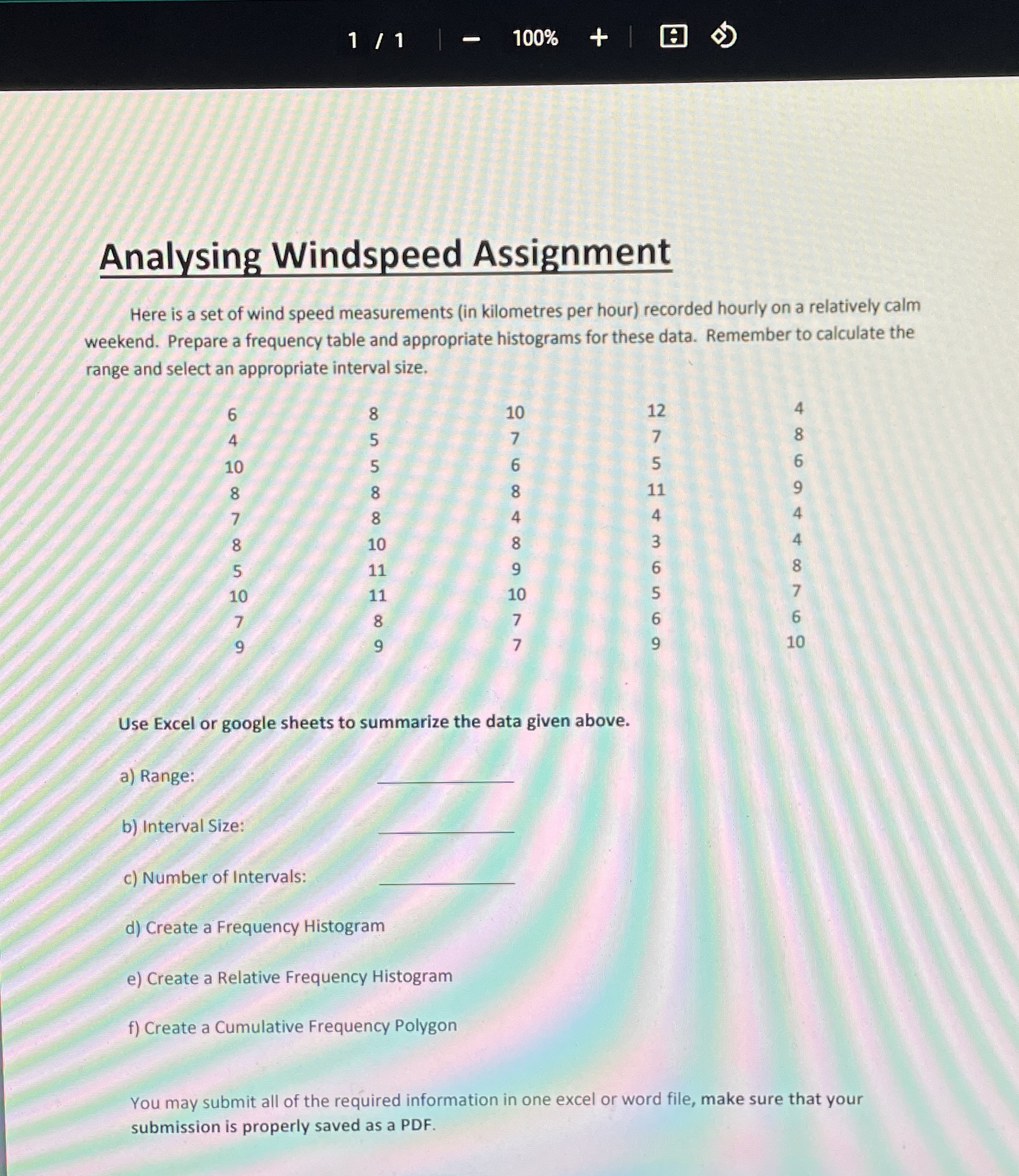  1 / 1 - 100% + Analysing Windspeed Assignment Here is