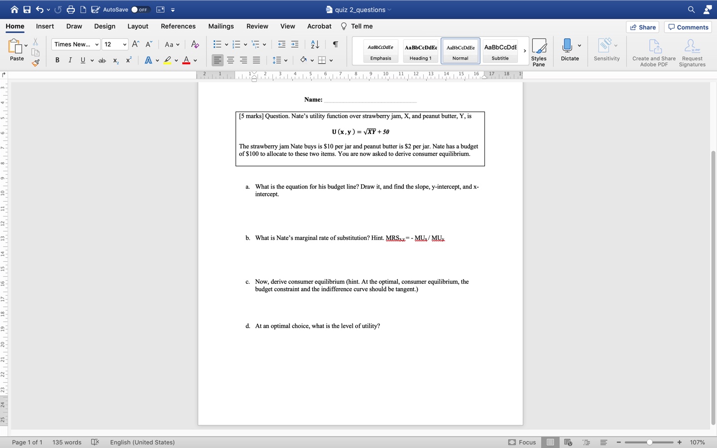 you 5 5 0EAutoSave O OFF quiz 2_questions Q Home Insert Draw