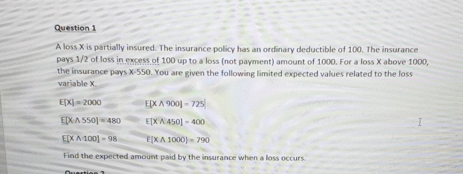  need solution Question 1 A loss X is partially insured. The