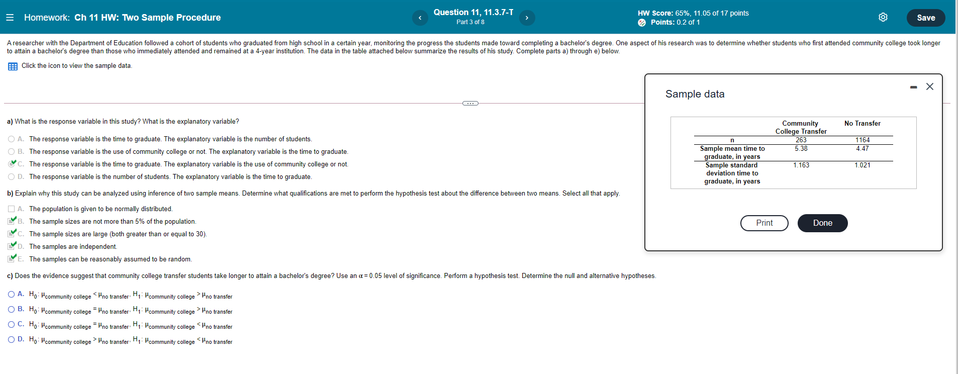 HW Score: 65%, 11.05 of 17 points Part 3 of 8 Save