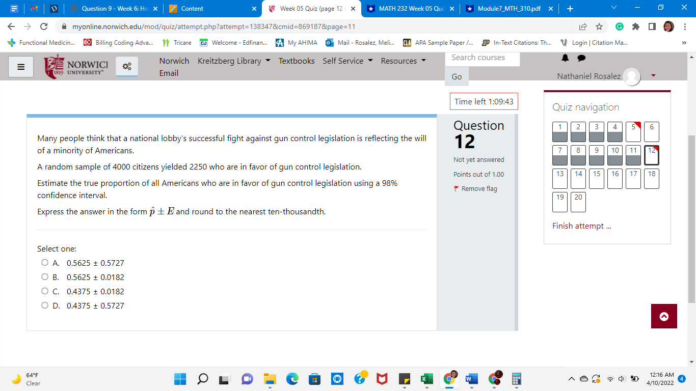Quiz (page 6 of X *MATH 232 Week 05 Quiz X *