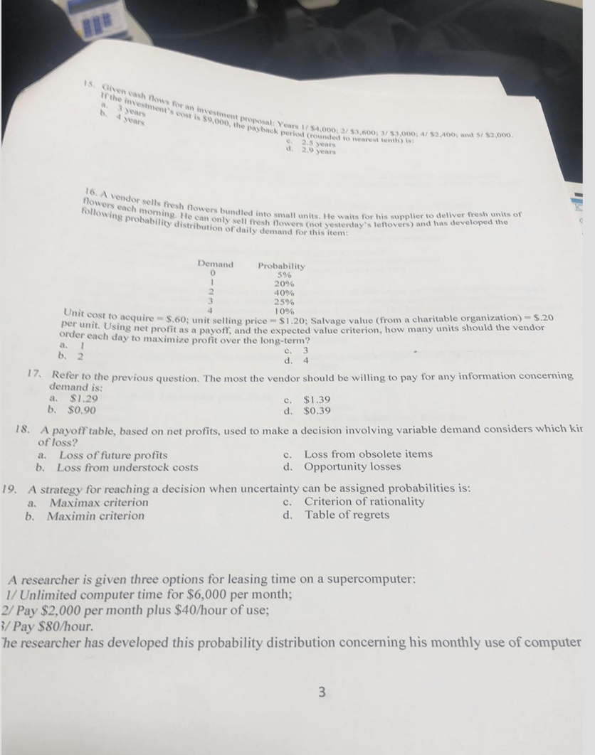 3/ $3,090, 4/ 52,400; and 5/ 52,000. 4 years If the investment's