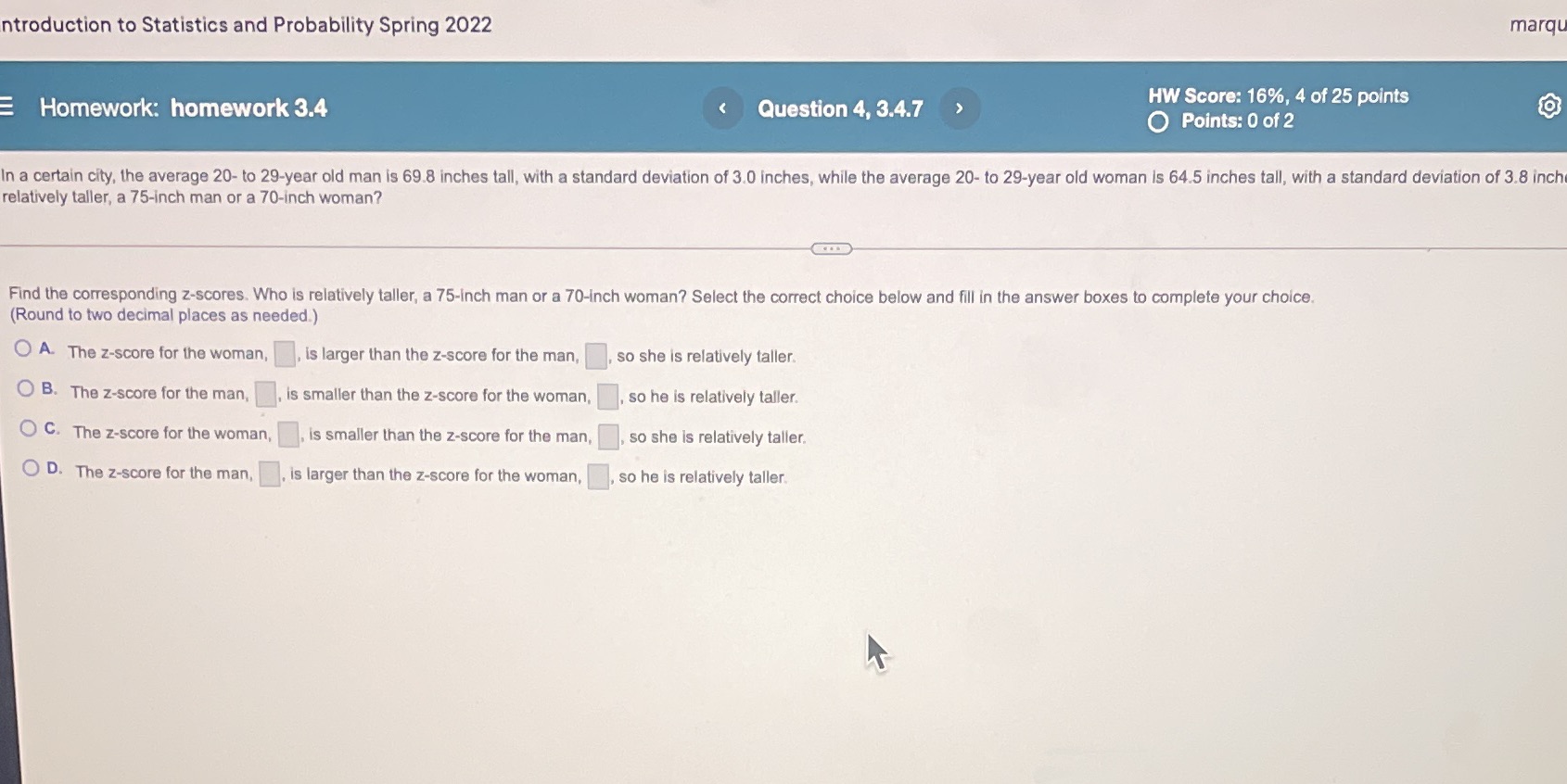  ntroduction to Statistics and Probability Spring 2022 marqu E Homework: homework