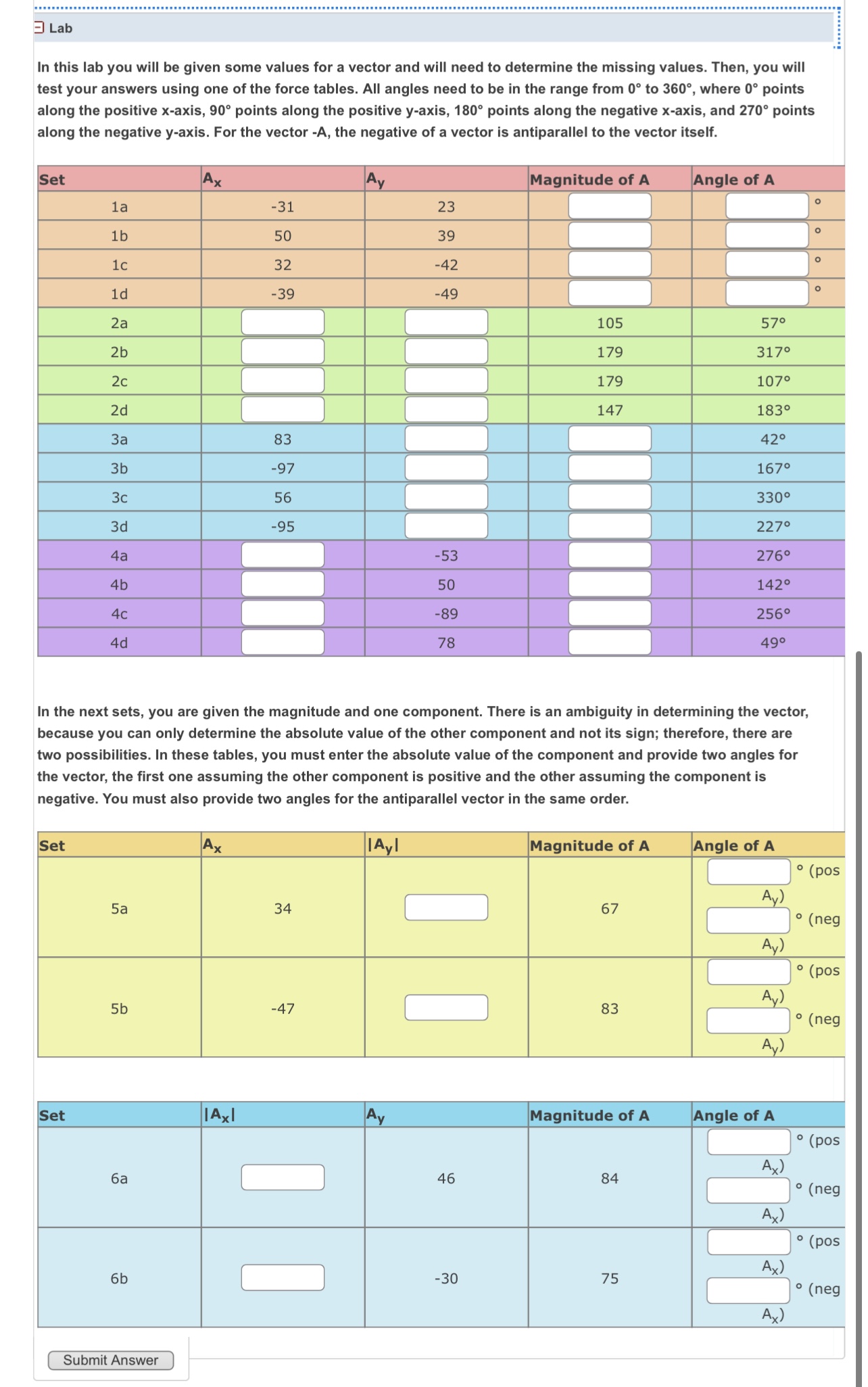  In this lab you will be given some values for a