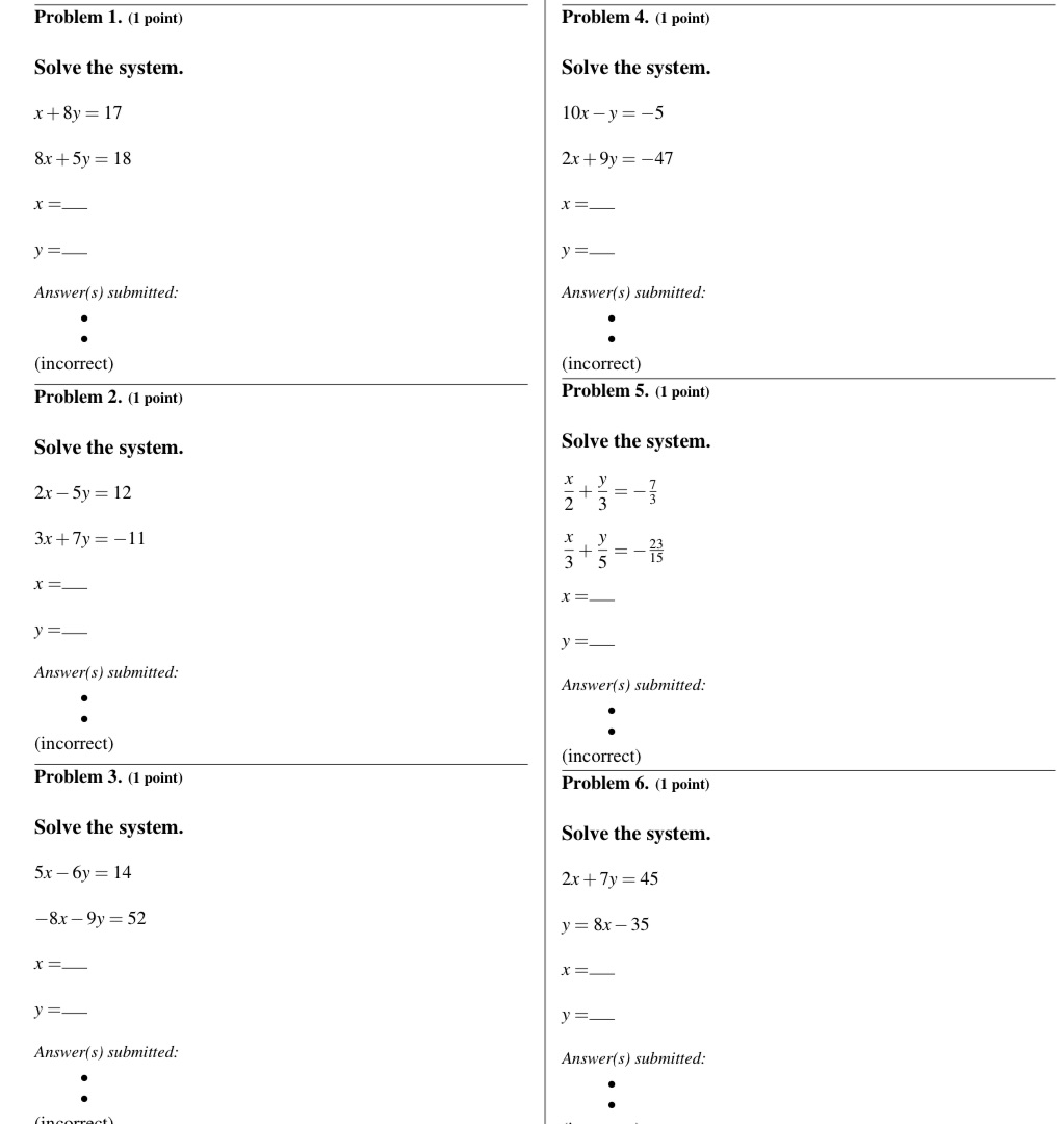 Solve the system. x + 8y = 17 10x - y =-5