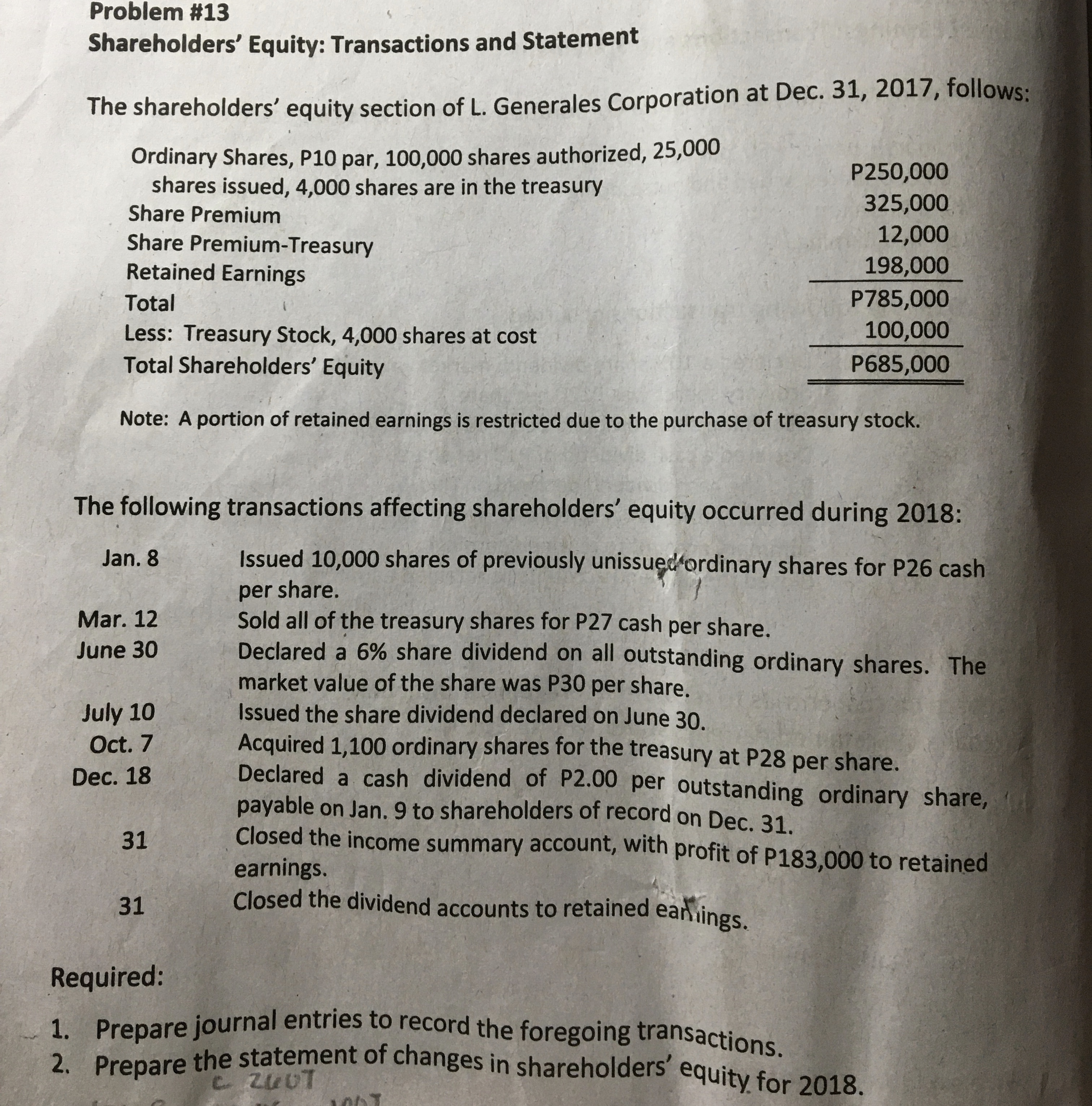 Dividends Assume the following data: Ordinary Shares, P100 par value, 50,000 shares
