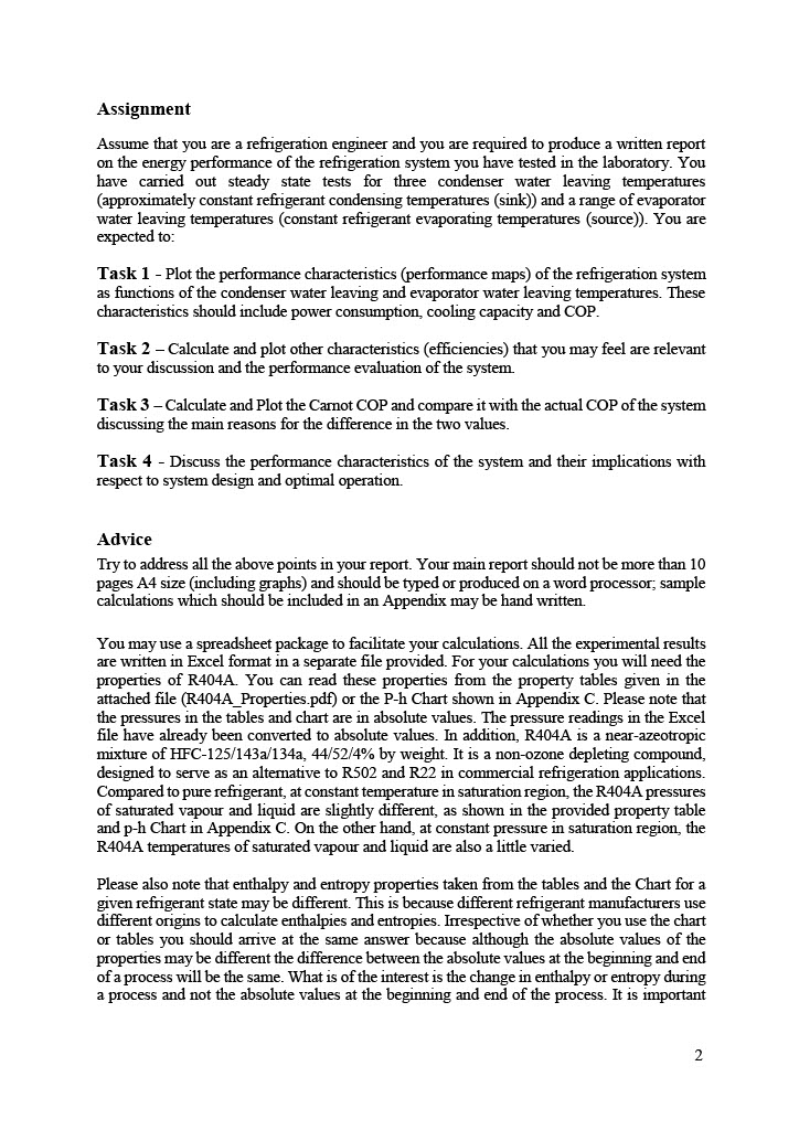 the performance characteristics (performance maps) of the refrigeration system as functions of