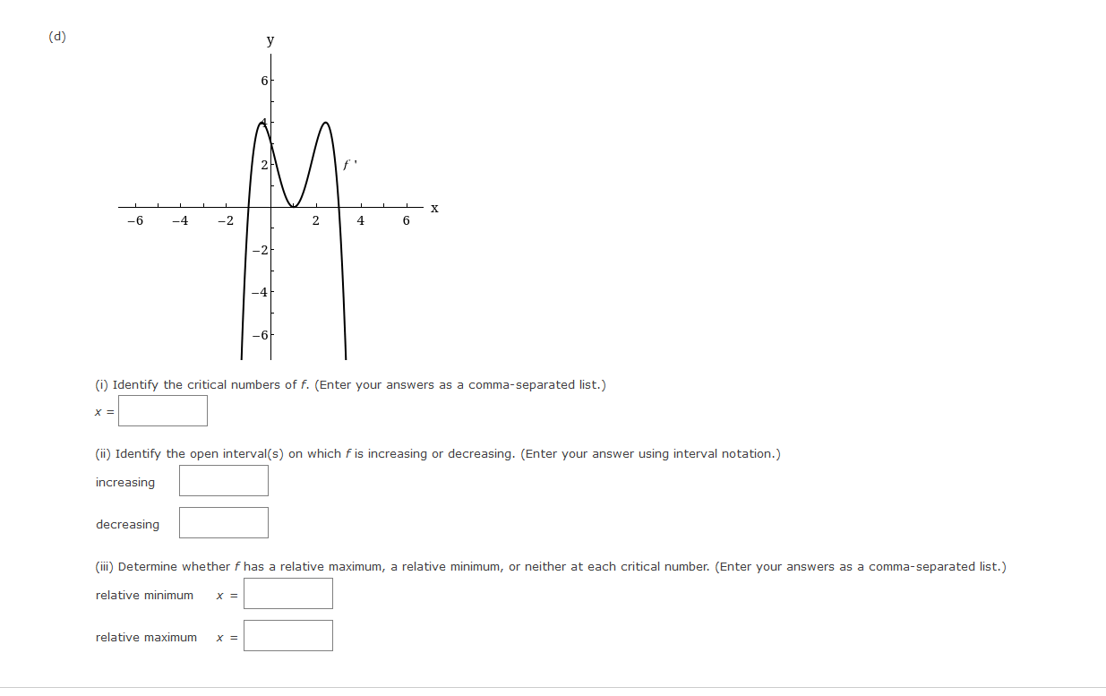 (i) Identify the critical numbers of f. (Enter your answers as a