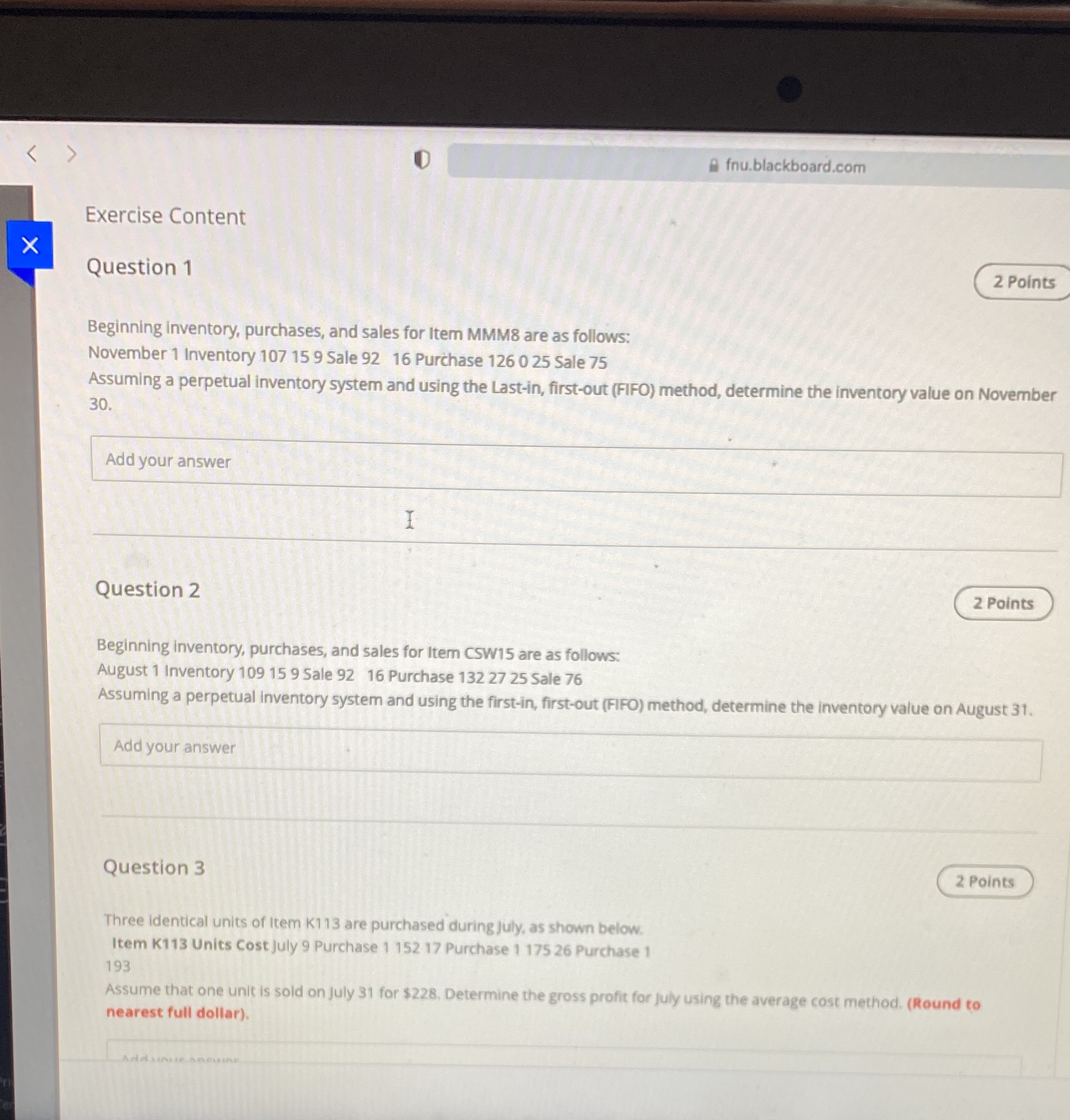 1,2 and 3 fnu.blackboard.com Exercise Content X Question 1 2 Points