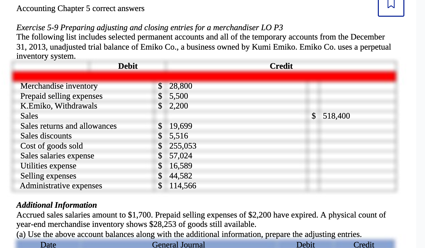 merchandiser LO P3 The following list includes selected permanent accounts and all