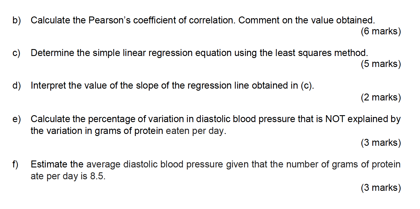 Protein(grams) 4 6.5 5.3 4.9 7.9 10 9.1 8.2 10.5 Diastolic blood