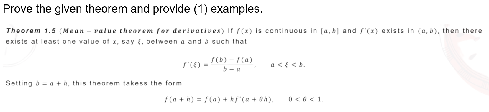  Prove the given theorem and provide (1) examples. Theorem 1.5 (Mean