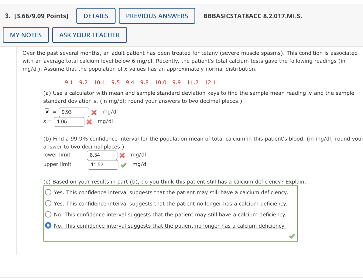  3. [3.66/9.09 Points] DETAILS PREVIOUS ANSWERS BBBASICSTAT8ACC 8.2.017.MI.S. MY NOTES ASK