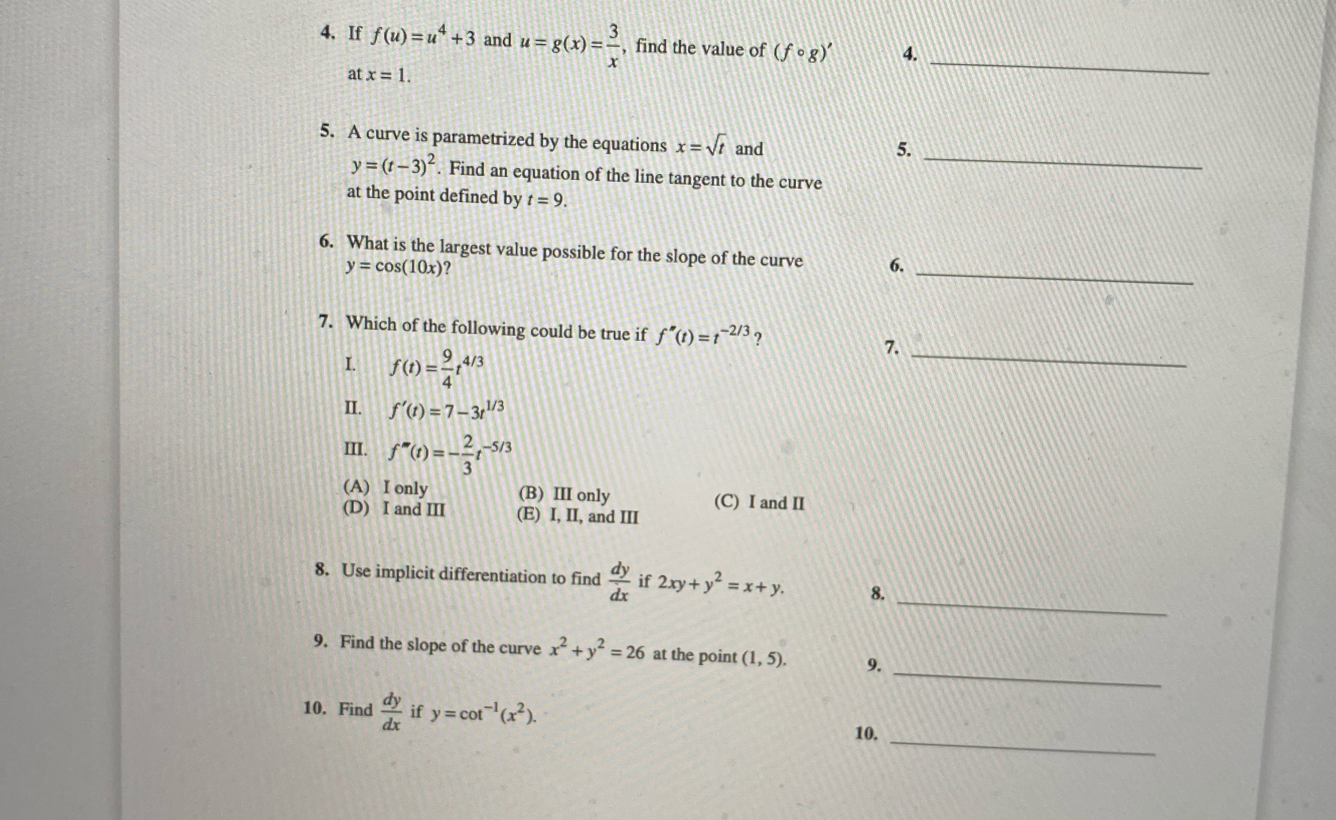 find the value of (f . g)' at x = 1. 5.