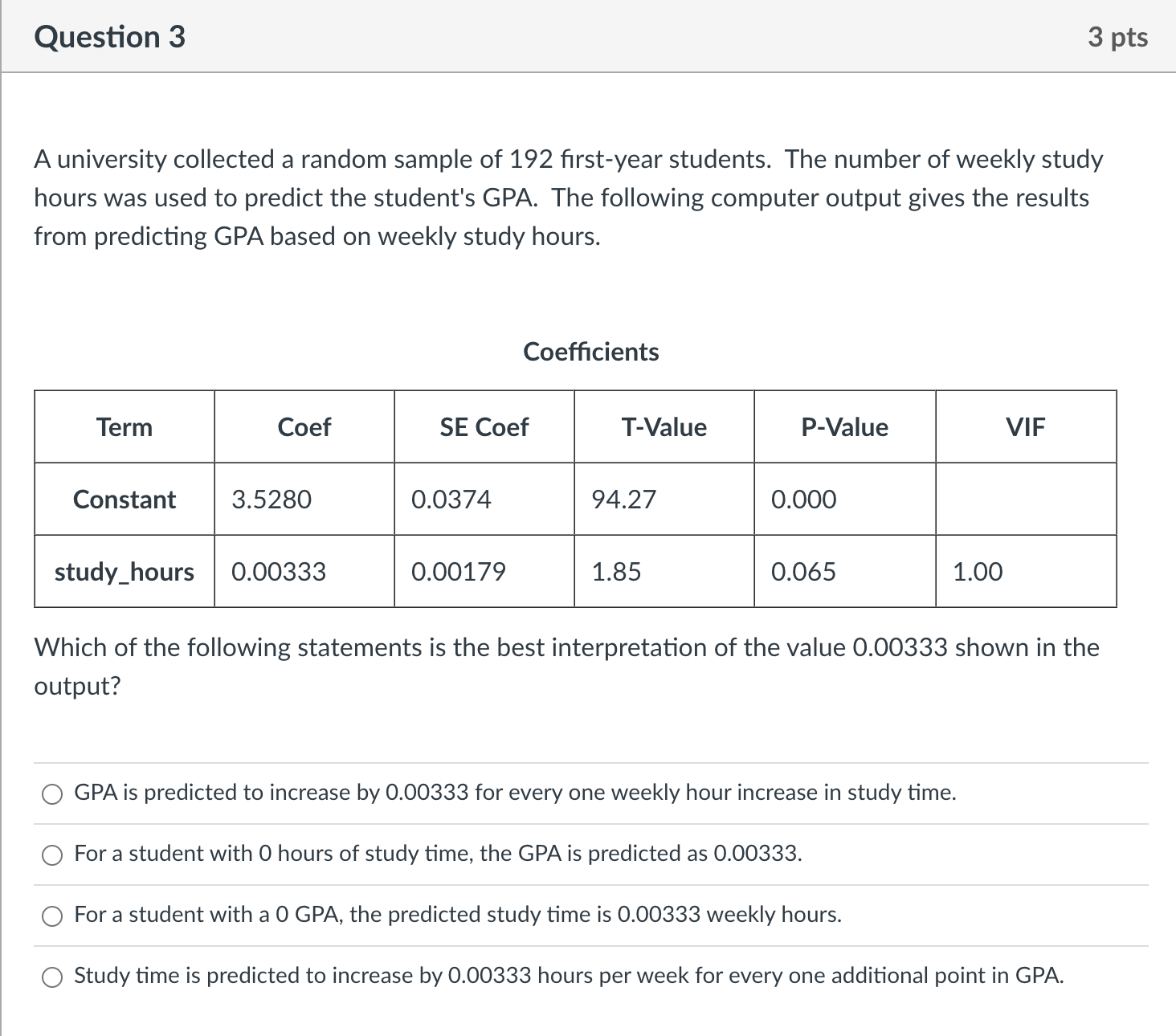  Question 3 3 pts A university collected a random sample of