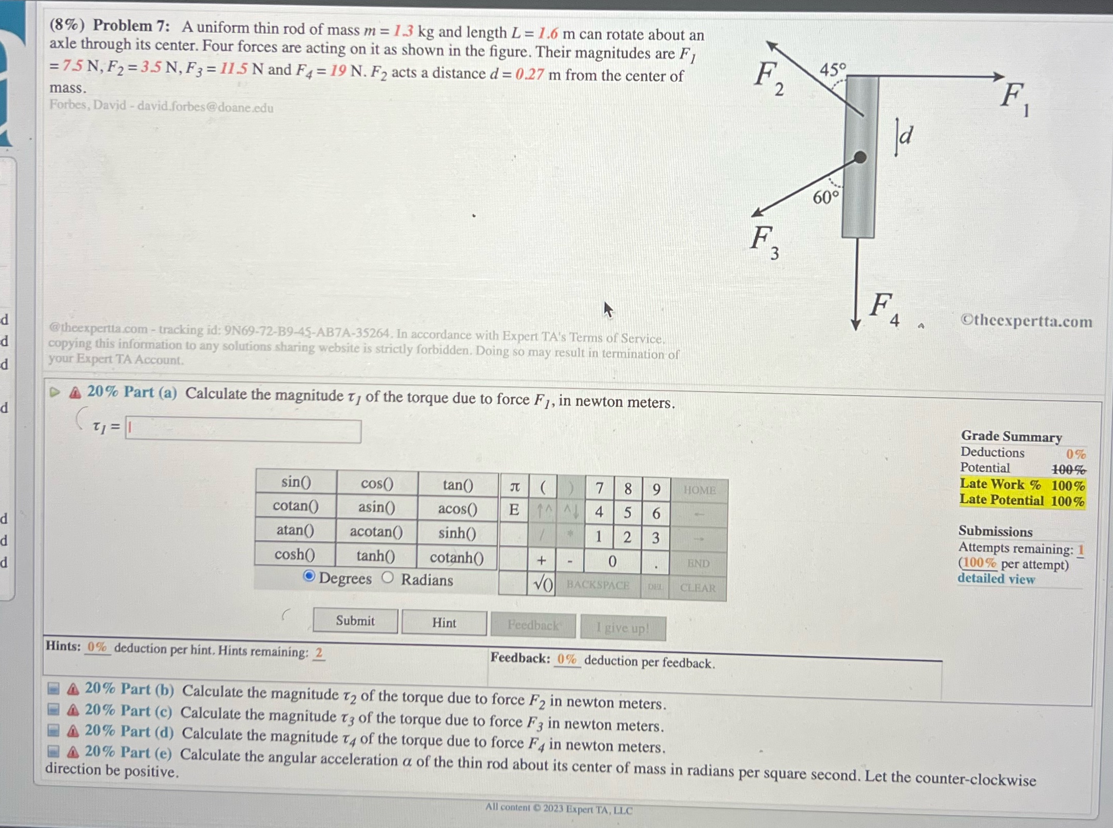  answer all part's please (8%) Problem 7: A uniform thin rod