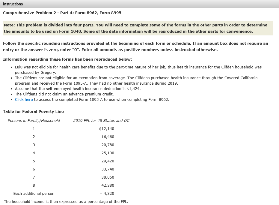 Comprehensive Problem 2 - Part 4: Form 8962, Form 8995 Note: