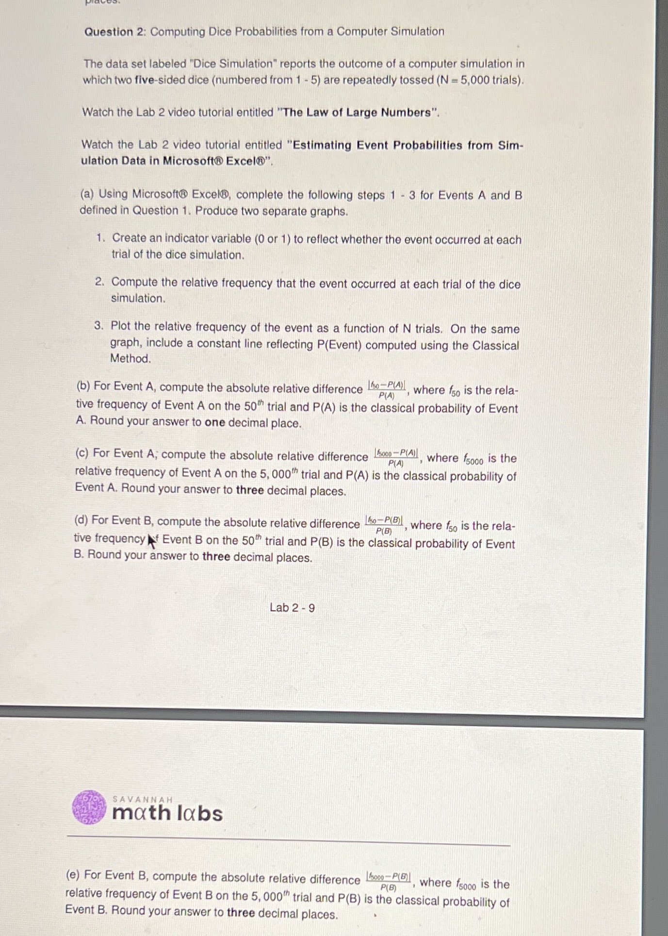 set labeled "Dice Simulation" reports the outcome of a computer simulation in