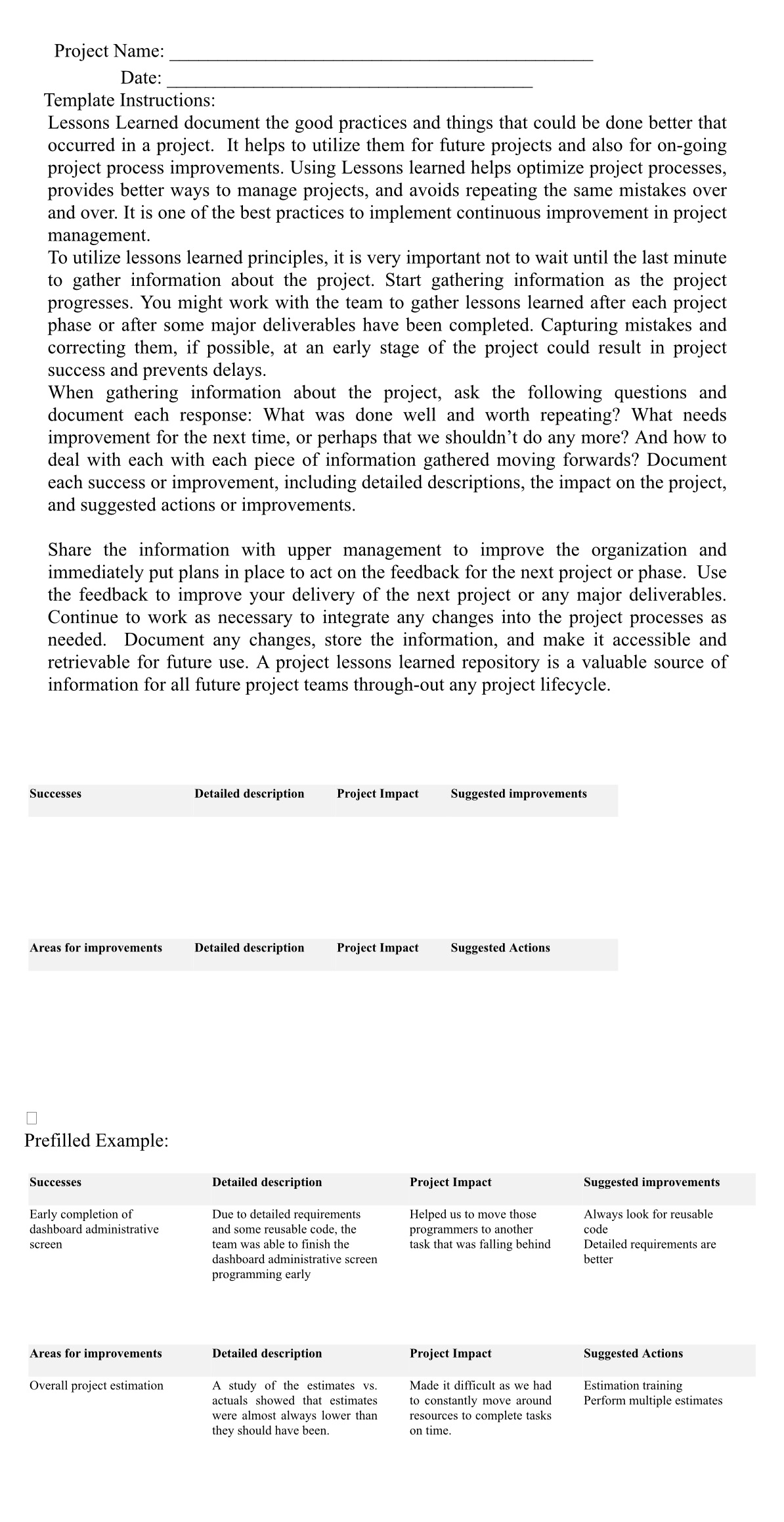  Can you answer this as pre-filled example Successes Areas for improvements