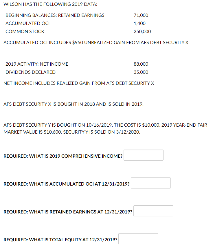 Please answer those questions WILSON HAS THE FOLLOWING 2019 DATA: BEGINNING