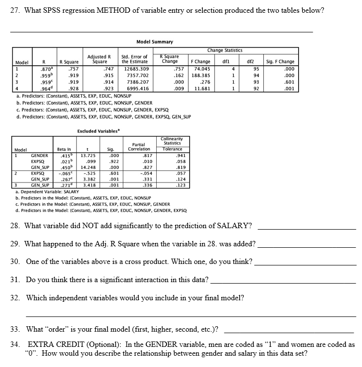  27. What SPSS regression METHOD of variable entry or selection produced