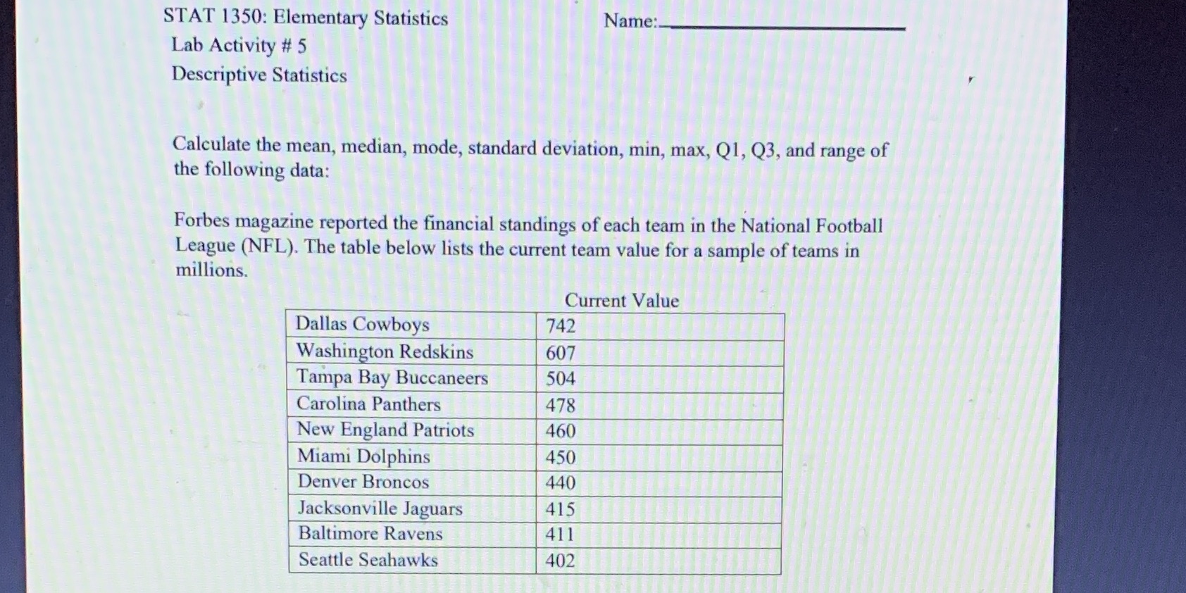 Calculate the mean, median, mode, standard deviation, min, max, Q1, Q3, and