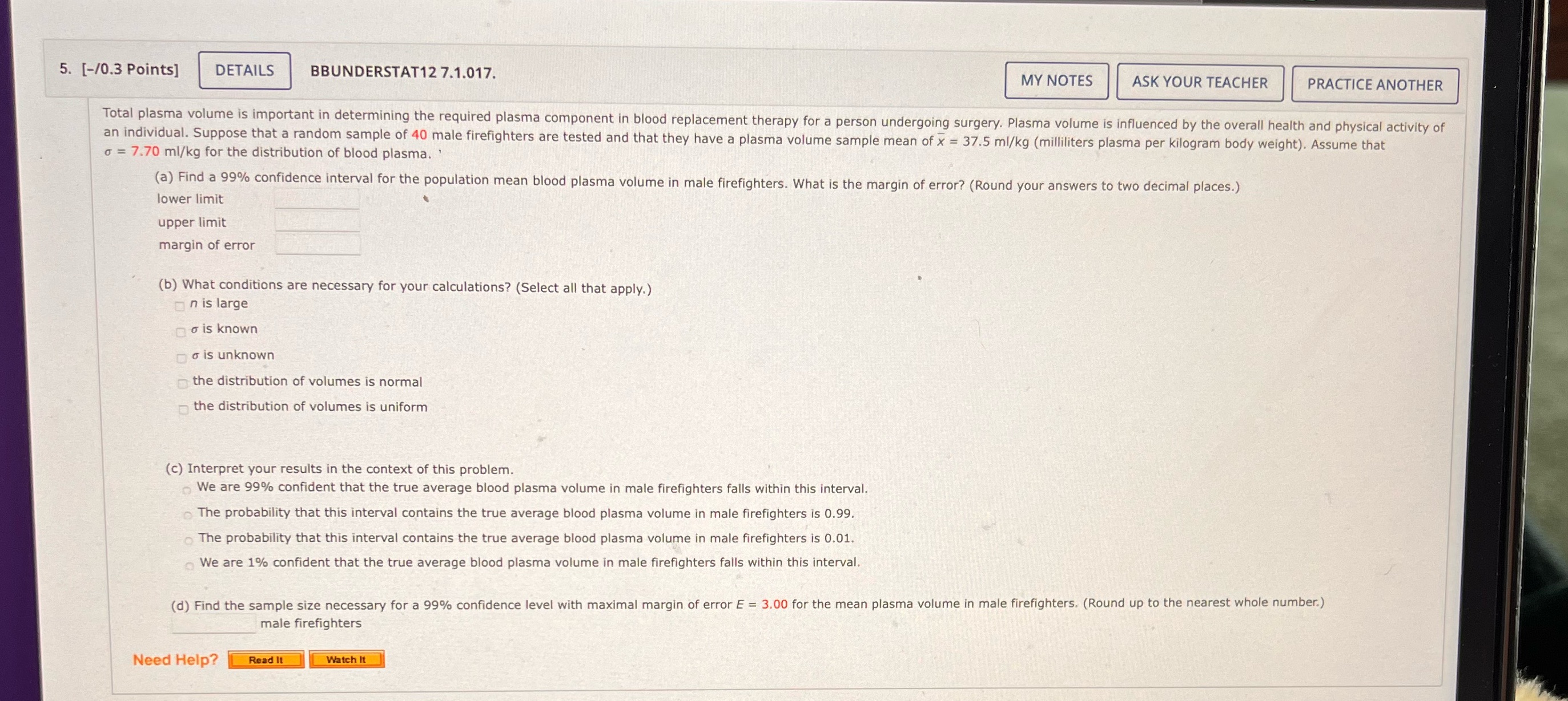  5. [-/0.3 Points] DETAILS BBUNDERSTAT12 7.1.017. MY NOTES ASK YOUR TEACHER