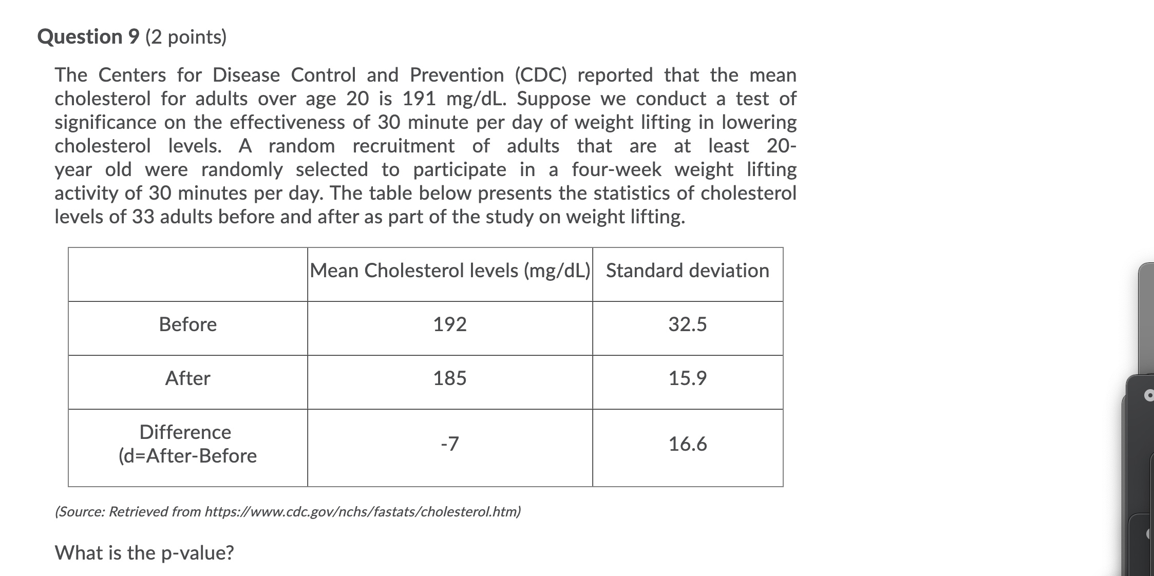 30 minutes per day. The table below presents the statistics of cholesterol
