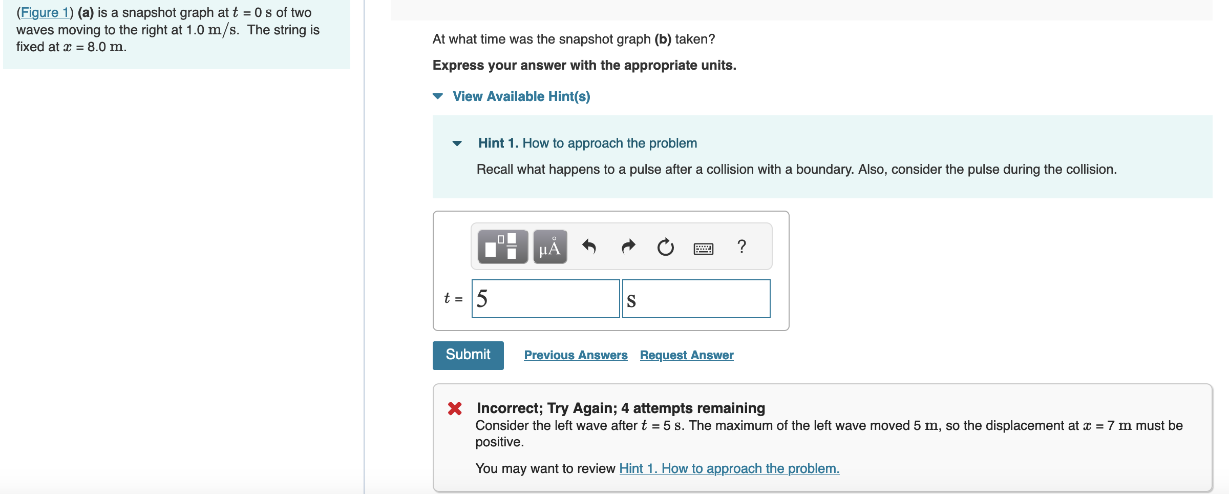 s of two waves moving to the right at 1.0 m/s. The