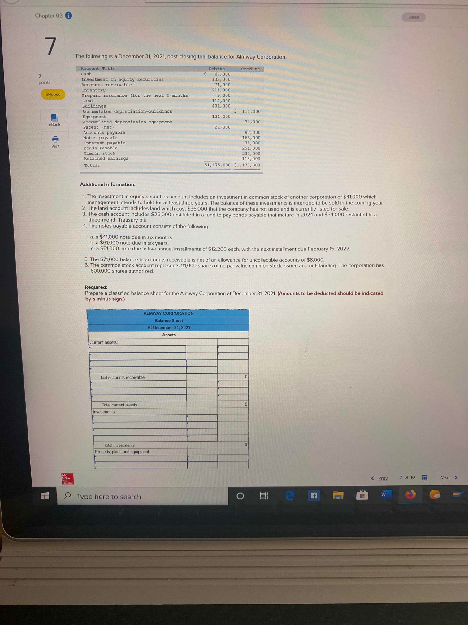 31, 2021, post-closing trial balance for Almway Corporation. Account Title Debits Cash