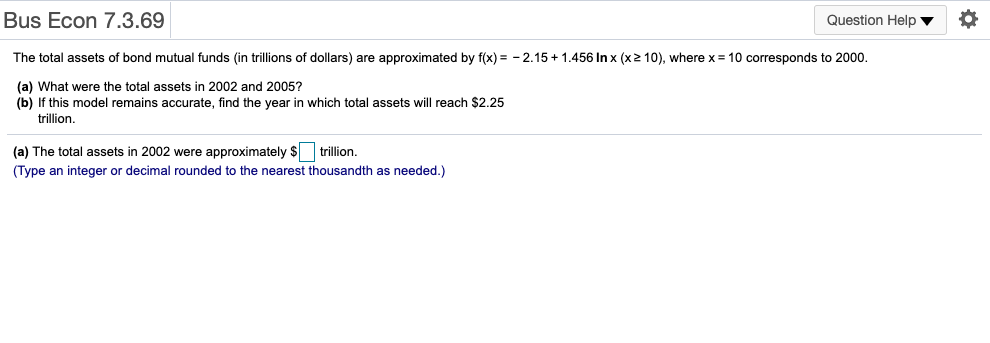 total assets of bond mutual funds (in trillions of dollars) are approximated