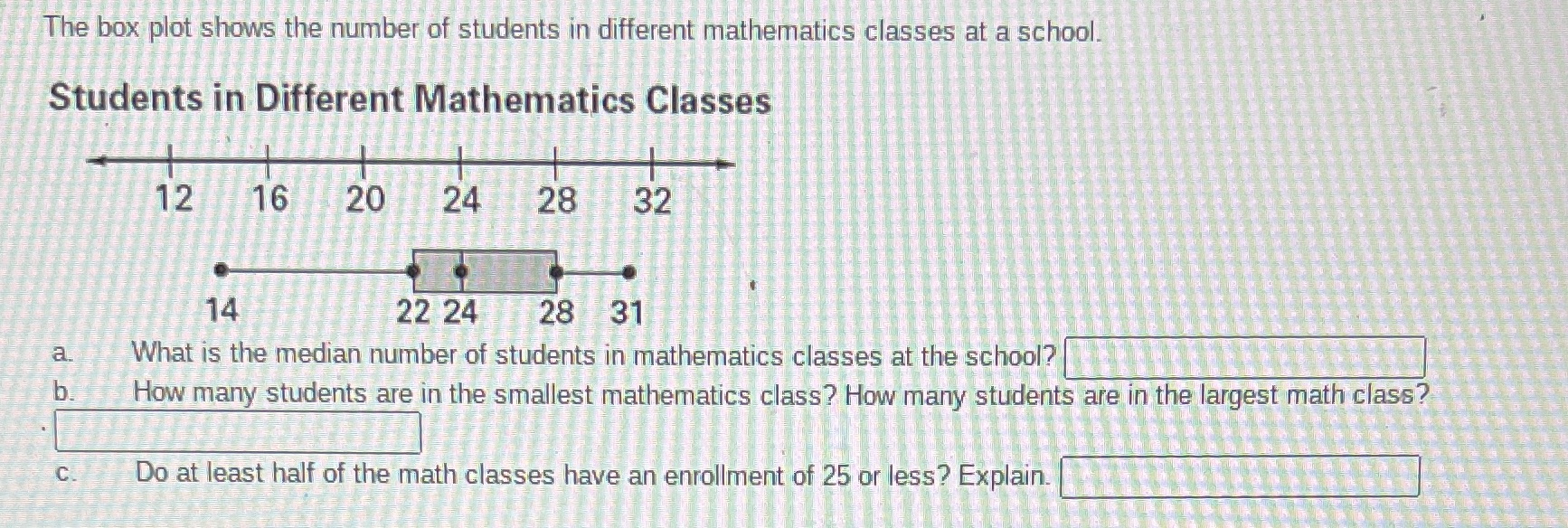 please help!! timed test The box plot shows the number of students