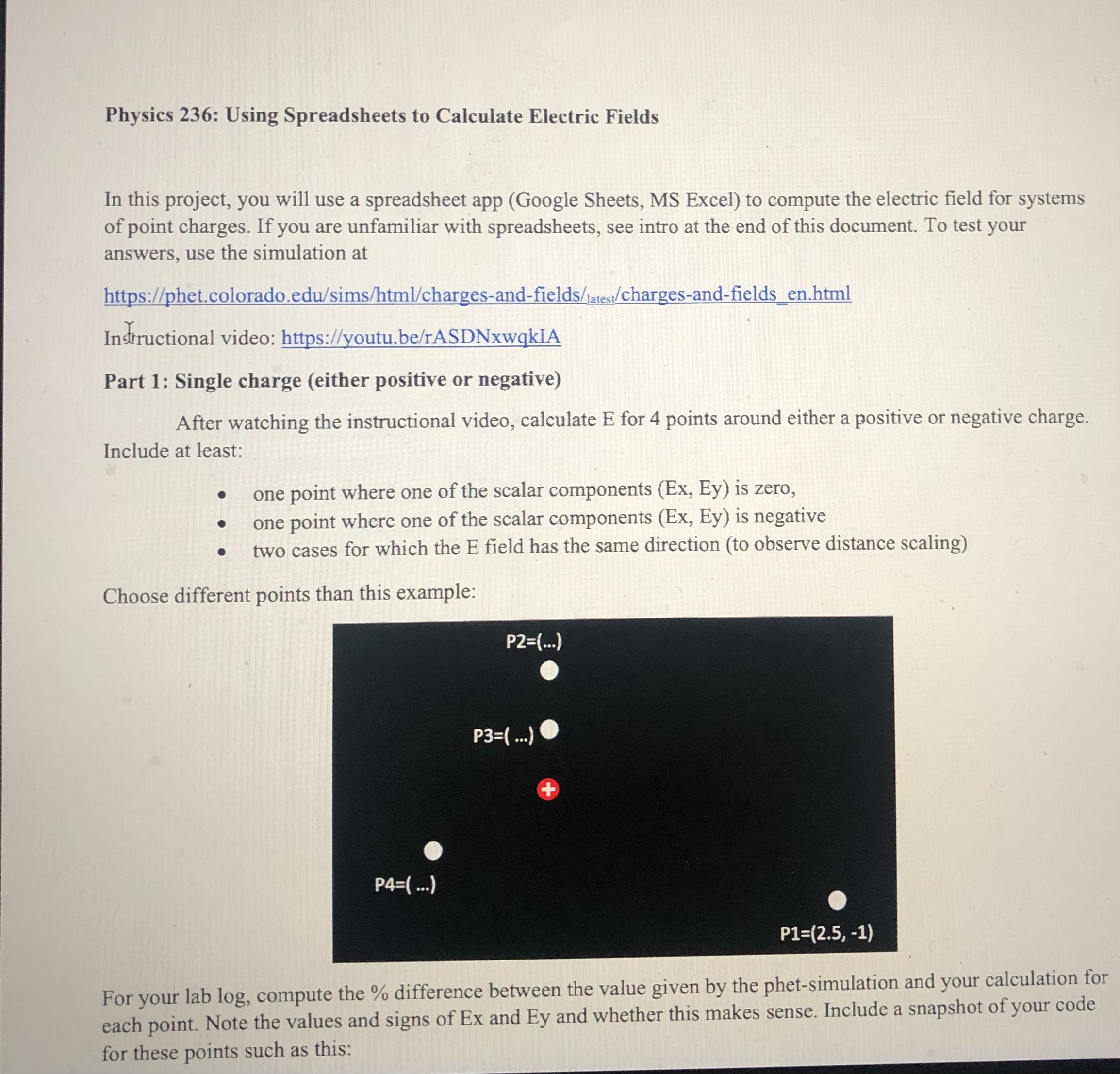 app (Google Sheets, MS Excel) to compute the electric field for systems